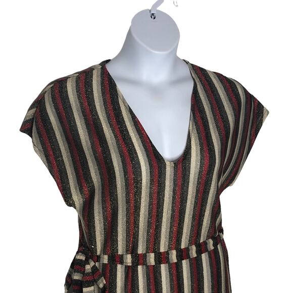 Zara Metallic Striped Belted Midi Dress V-Neck Size M - Picture 11 of 16